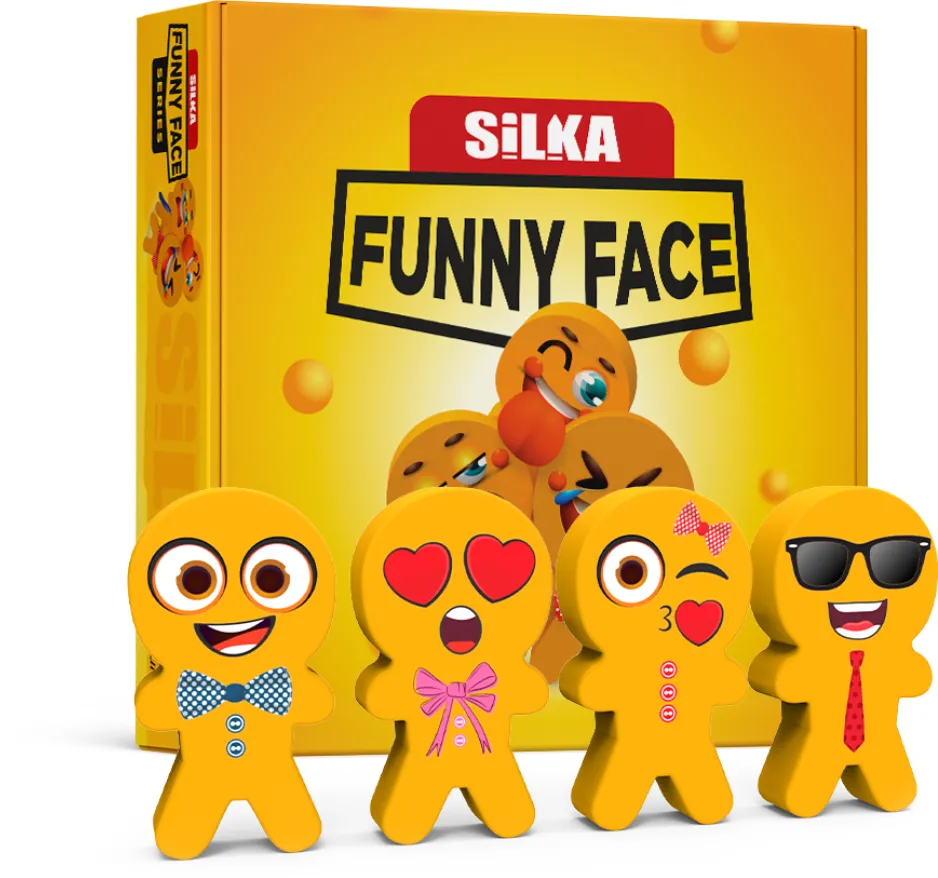 Silka Cutie cu radiere pt creion, nu lasa reziduuri, 36buc/cutie, SILKA Funny Face - design omuleti funny