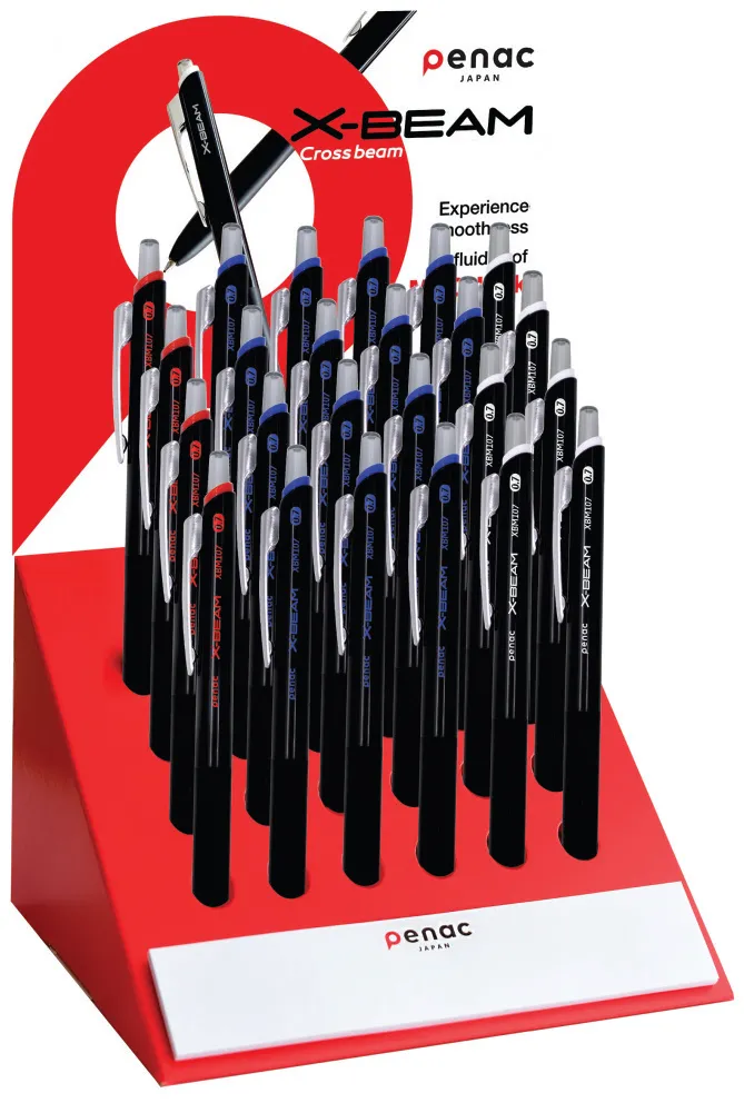 Penac Display pixuri PENAC X-Beam, rubber grip, clema metalica, 0.7mm, 24 buc/display - culori asortate