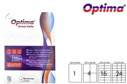 Etichete Optima Etichete color autoadezive 24/A4, 70 x 37 mm, 100 coli/top, Optima - galben