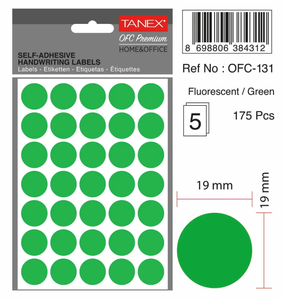 Tanex Etichete autoadezive rotunde, D19 mm, 175 buc/set, TANEX, verde