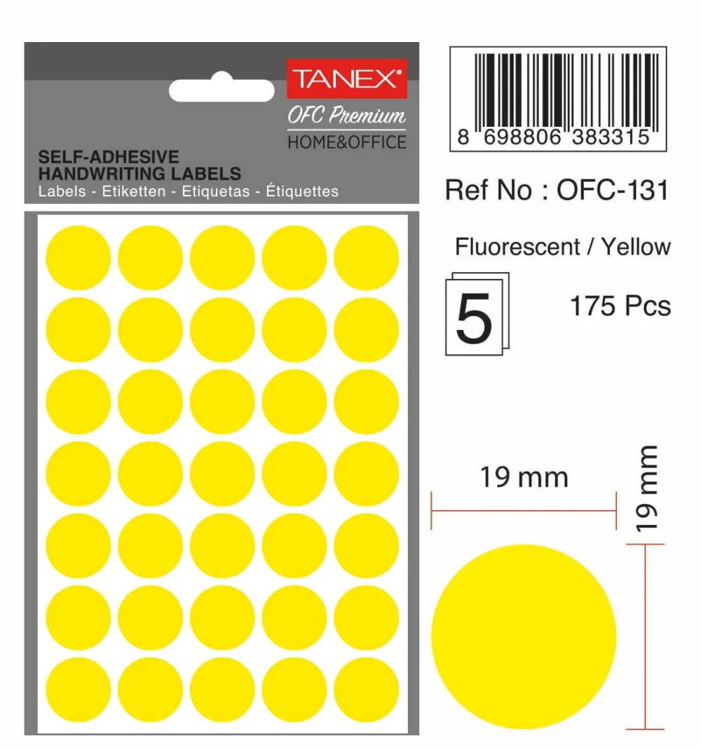 Tanex Etichete autoadezive rotunde, D19 mm, 175 buc/set, TANEX, galben