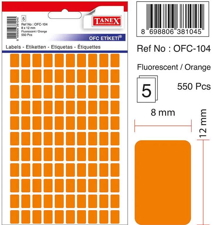 Tanex Etichete autoadezive, 8 x 12 mm, 550 buc/set, TANEX, portocaliu fluorescent