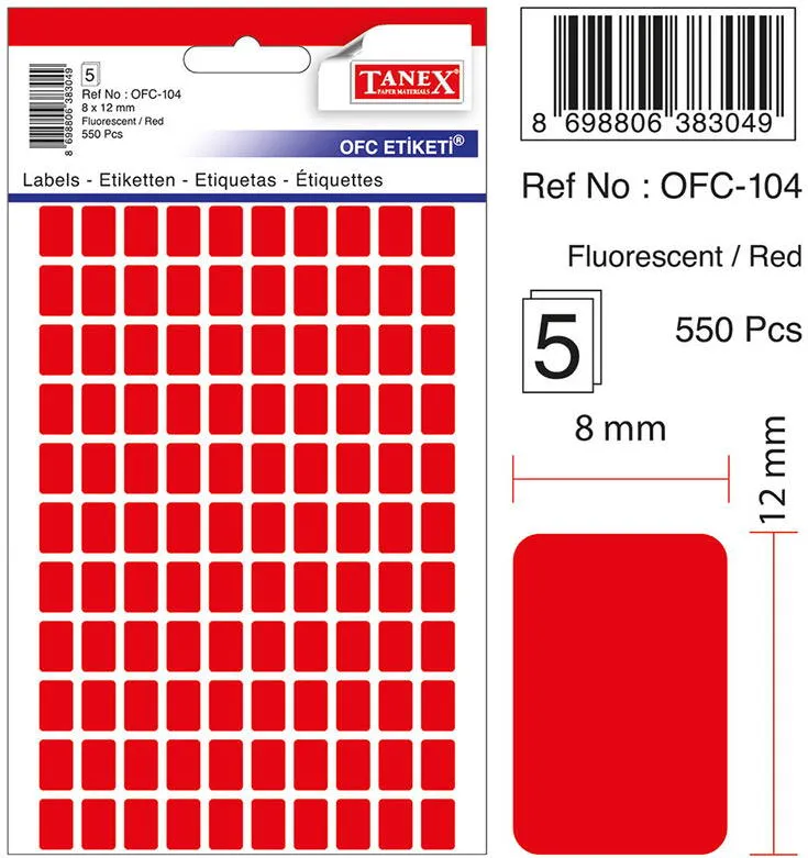 Tanex Etichete autoadezive, 8 x 12 mm, 550 buc/set, TANEX, rosu fluorescent
