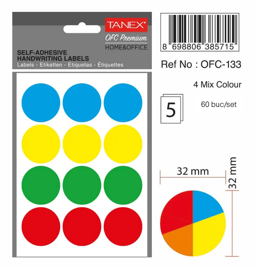 Tanex Etichete autoadezive rotunde, D32 mm, 60 buc/set, TANEX, culori fluorescente asortate