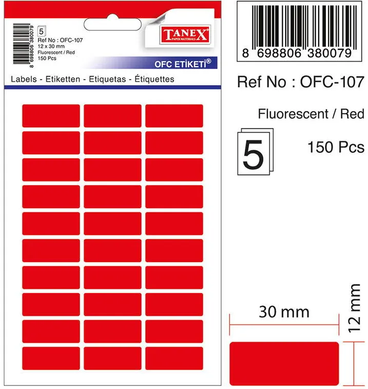 Tanex Etichete autoadezive, 12 x 30 mm, 150 buc/set, TANEX, rosu fluorescent