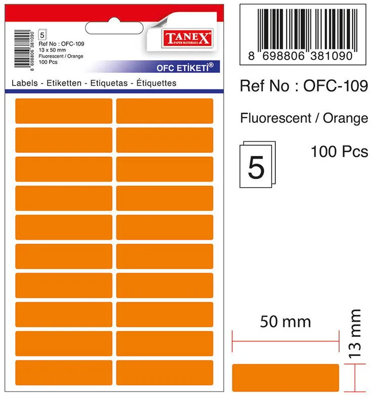 Tanex Etichete autoadezive, 13 x 50 mm, 100 buc/set, TANEX, portocaliu fluorescent