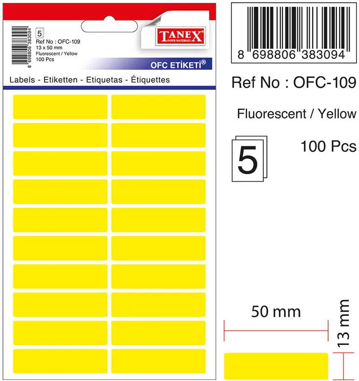 Tanex Etichete autoadezive, 13 x 50 mm, 100 buc/set, TANEX, galben fluorescent