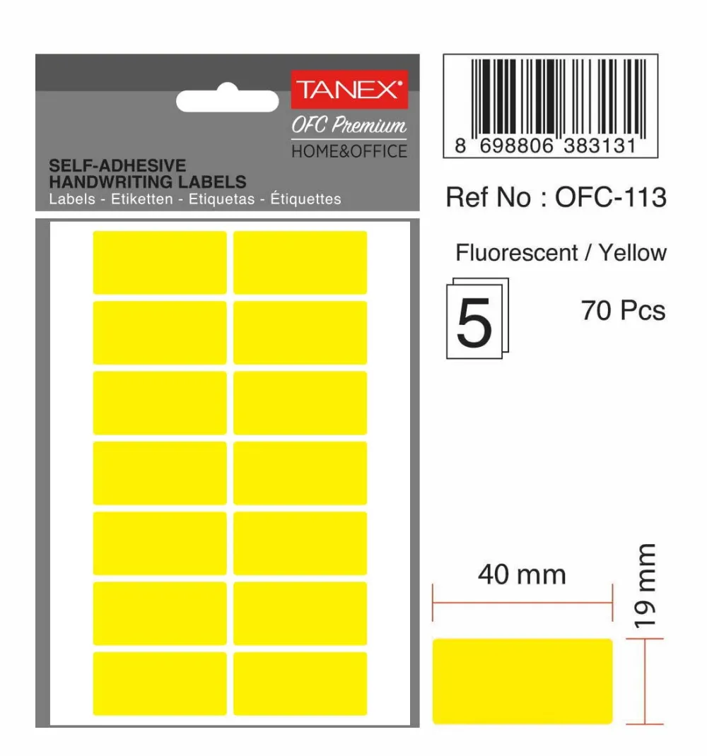Tanex Etichete autoadezive, 19 x 40 mm, 70 buc/set, TANEX, galben fluorescent