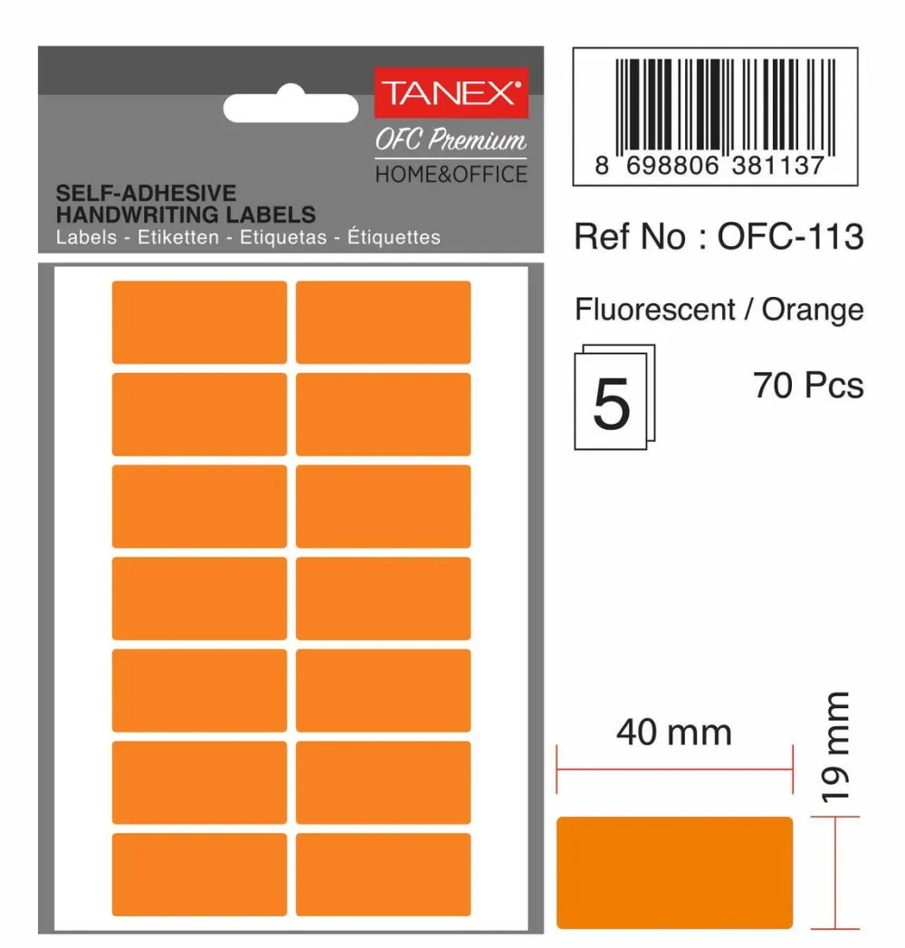 Tanex Etichete autoadezive, 19 x 40 mm, 70 buc/set, TANEX, portocaliu fluorescent