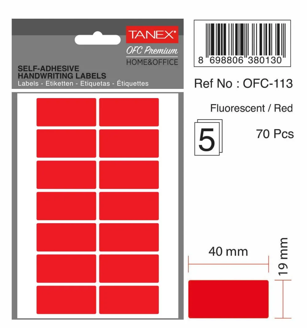 Tanex Etichete autoadezive, 19 x 40 mm, 70 buc/set, TANEX, rosu fluorescent
