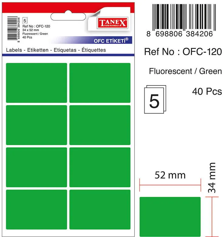 Tanex Etichete autoadezive, 34 x 52 mm, 40 buc/set, TANEX, verde fluorescent
