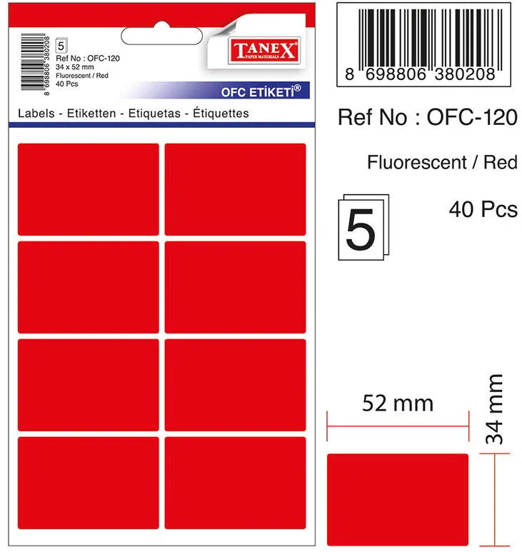 Tanex Etichete autoadezive, 34 x 52 mm, 40 buc/set, TANEX, rosu fluorescent