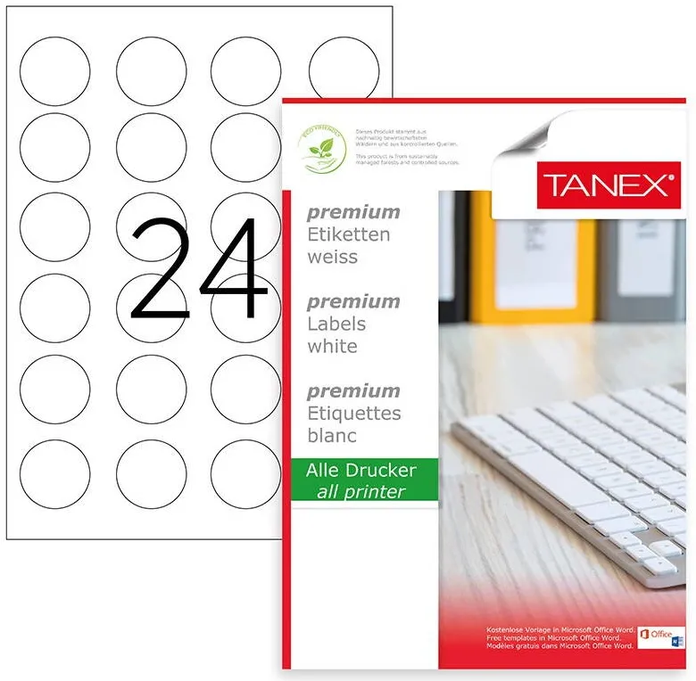 Tanex Etichete albe autoadezive, repozitionabile, rotunde, D40mm, 24/A4, 25 coli/top, TANEX