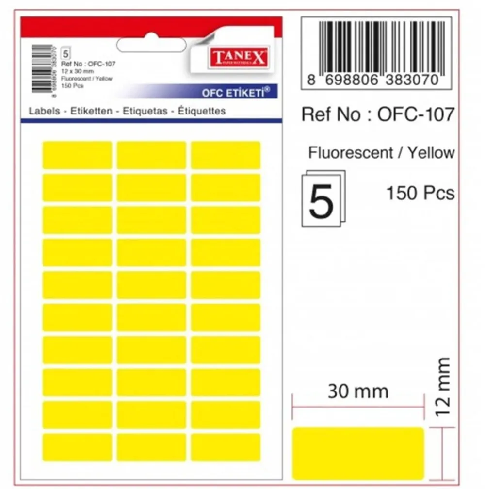 Tanex Etichete autoadezive, 12 x 30 mm, 150 buc/set, TANEX, galben fluorescent