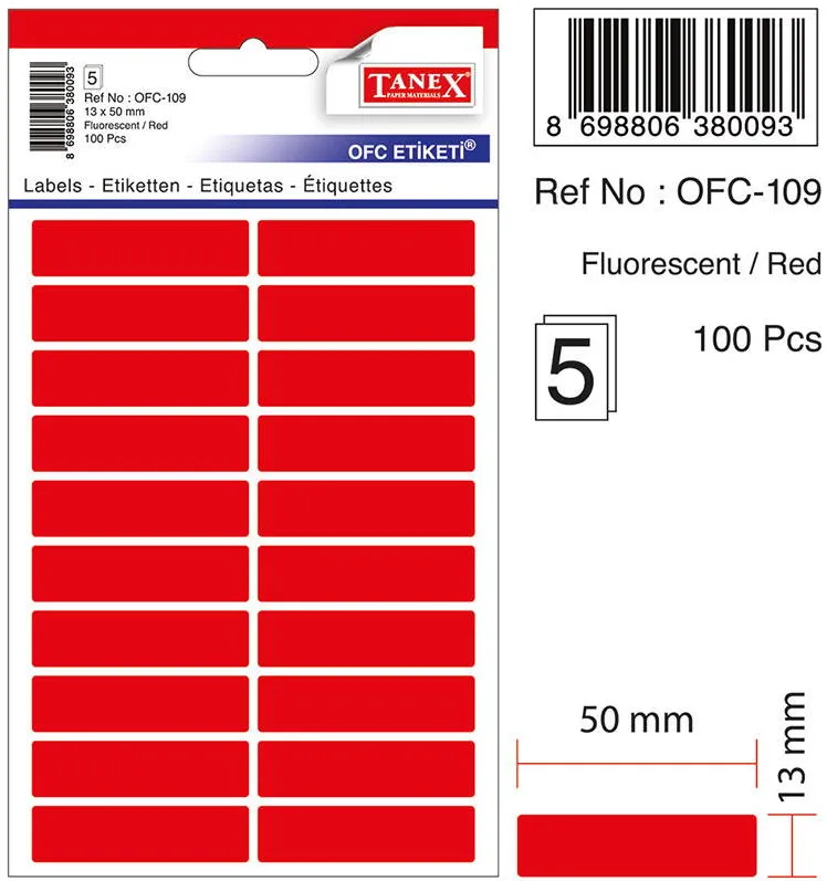 Tanex Etichete autoadezive, 13 x 50 mm, 100 buc/set, TANEX, rosu fluorescent