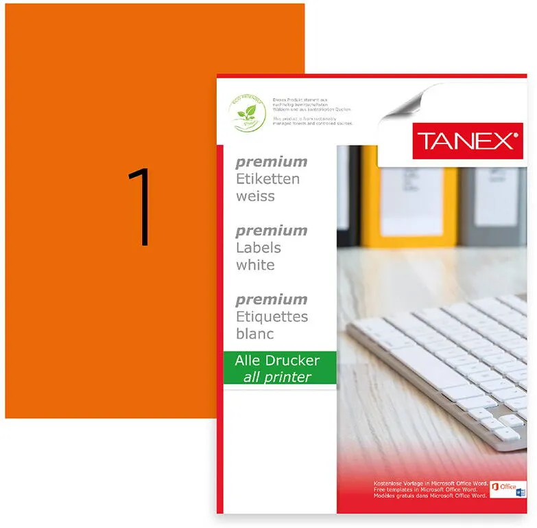 Tanex Etichete autoadezive, 1/A4, 210 x 297mm, TANEX, portocaliu fluorescent