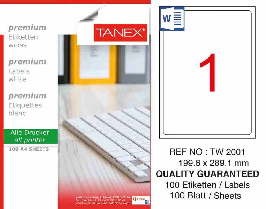 Tanex Etichete albe autoadezive, repozitionabile, 1/A4, 199.6x289.1mm, 25 coli/top, TANEX, colturi rotunj