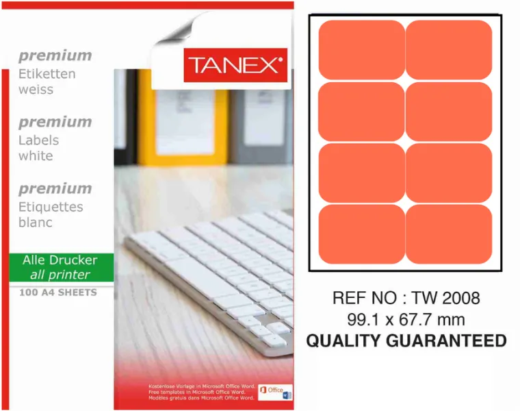 Tanex Etichete color autoadezive, 8/A4, 99.1 x 67.7mm, 25 coli/top, TANEX, portocaliu fluorescent