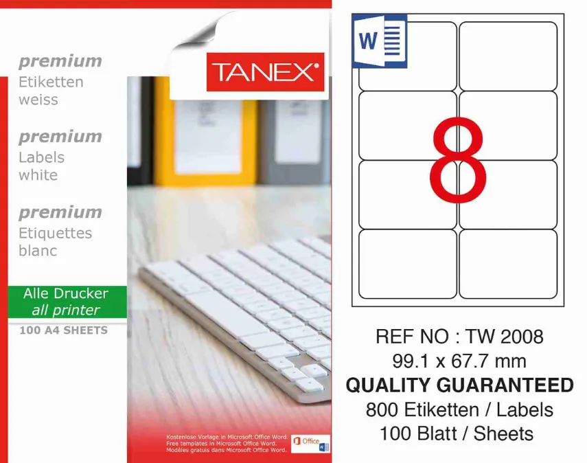 Tanex Etichete albe autoadezive, repozitionabile, 8/A4, 99.1x67.7mm, 25 coli/top, TANEX, colturi rotunjit