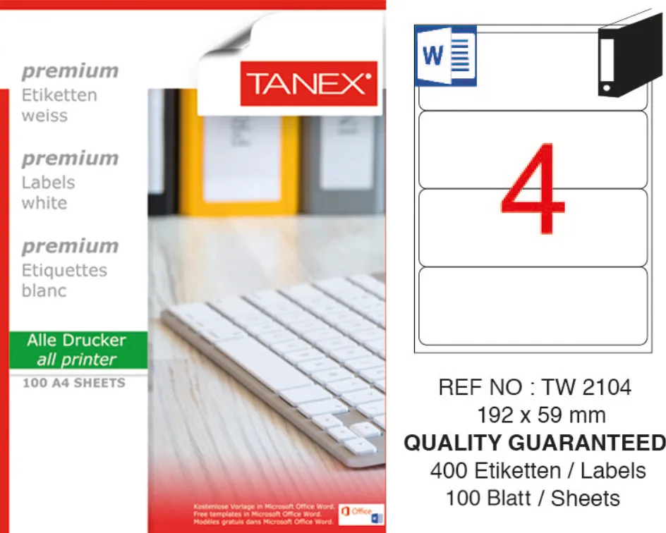 Tanex Etichete albe autoadezive, repozitionabile, 4/A4, 192x59mm, 25 coli/top, TANEX, colturi rotunjite