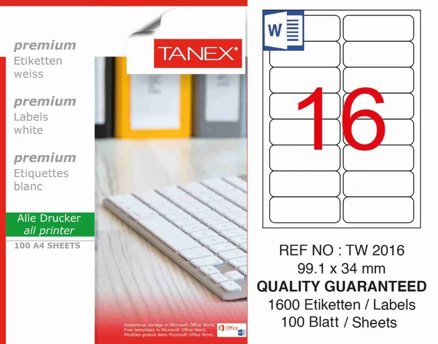 Tanex Etichete albe autoadezive, repozitionabile, 16/A4, 99.1x34mm, 25 coli/top, TANEX. colturi rotunjite