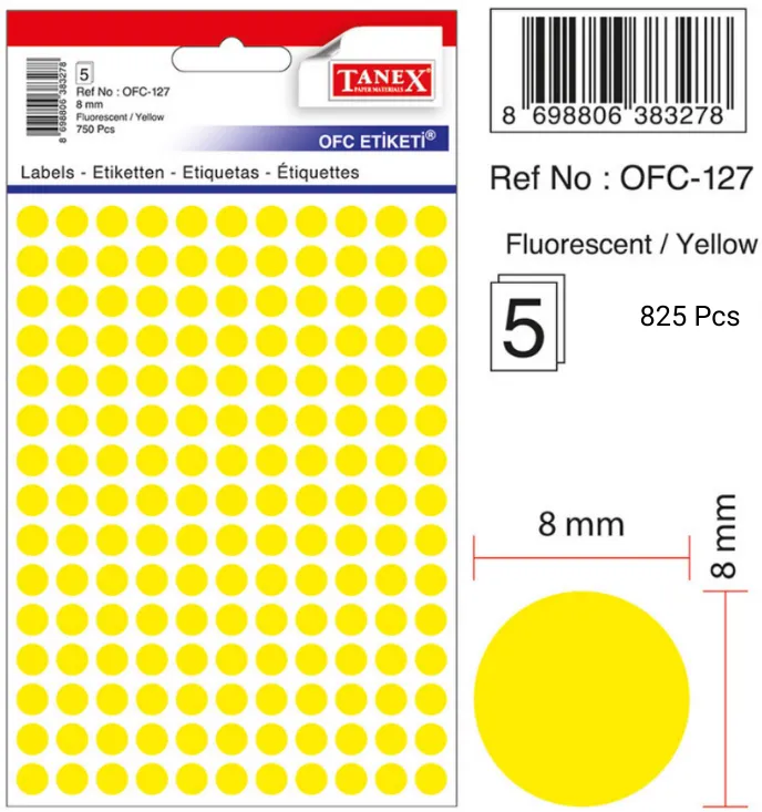 Tanex Etichete autoadezive rotunde, D 8 mm, 750 buc/set, TANEX, galben