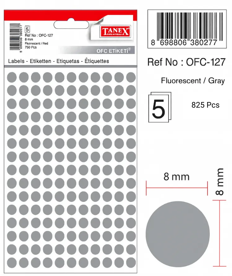 Tanex Etichete autoadezive rotunde, D 8 mm, 750 buc/set, TANEX, gri