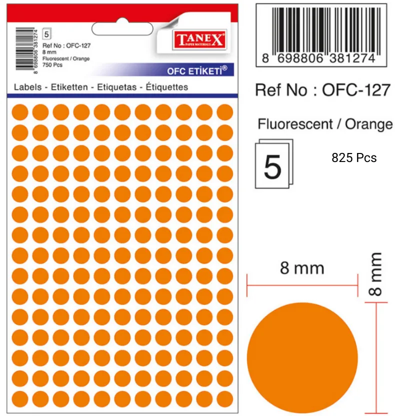 Tanex Etichete autoadezive rotunde, D 8 mm, 750 buc/set, TANEX, portocaliu