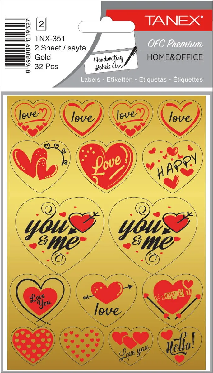Tanex Stickere decorative, 2 file/set, TANEX Kids, inimi aurii