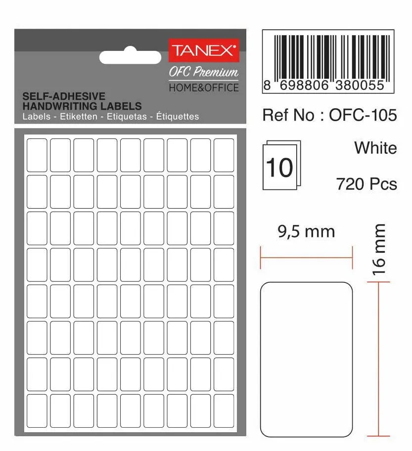 Tanex Etichete autoadezive, 9.5 x 16 mm, 1100 buc/set, TANEX, alb