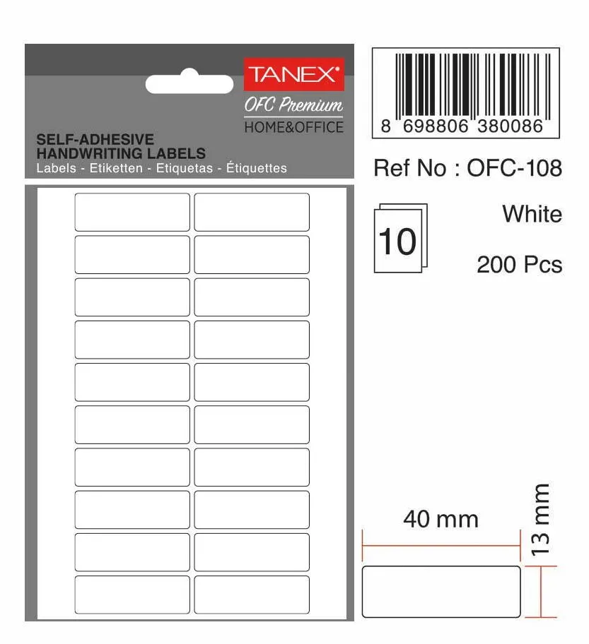 Tanex Etichete autoadezive, 13 x 40 mm, 200 buc/set, TANEX, alb