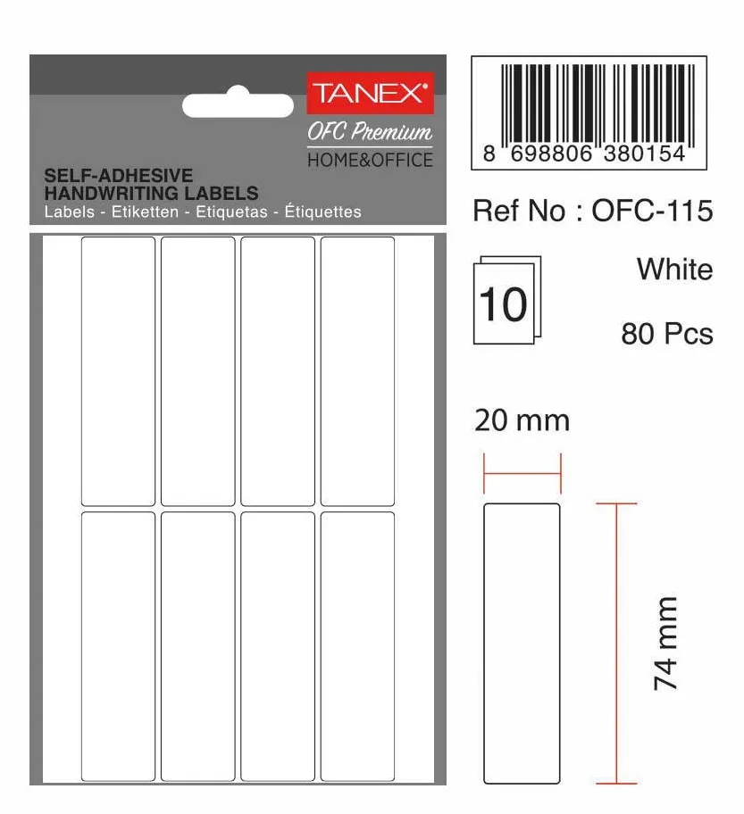 Tanex Etichete autoadezive, 20 x 74 mm, 80 buc/set, TANEX, alb