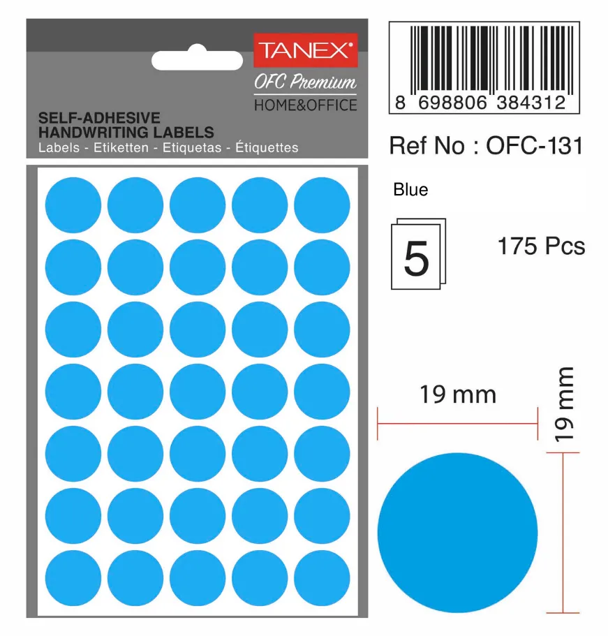 Tanex Etichete autoadezive rotunde, D19 mm, 175 buc/set, TANEX, albastru