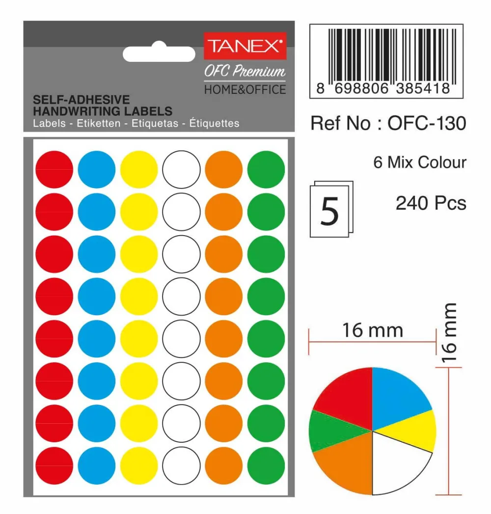 Tanex Etichete autoadezive rotunde, D16 mm, 240 buc/set, TANEX, culori fluorescente asortate