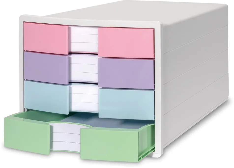 HAN Suport plastic cu 4 sertare pt. documente, HAN Impuls 2.0 - alb - sertare culori pastel