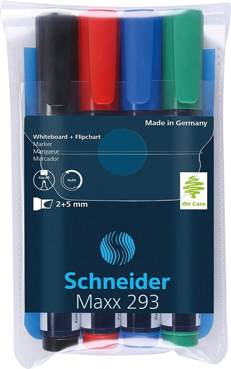 Schneider Marker SCHNEIDER Maxx 293, pentru tabla de scris+flipchart, varf tesit 2-5mm, 4 cul/set - (N, R, A, V)