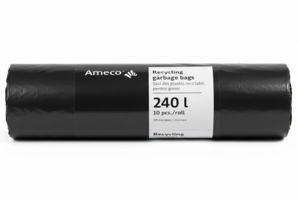 Ameco Saci plastic reciclabil, standard, 240L, 95x140cm, 28 microni, 10buc/rola, Ameco - negri