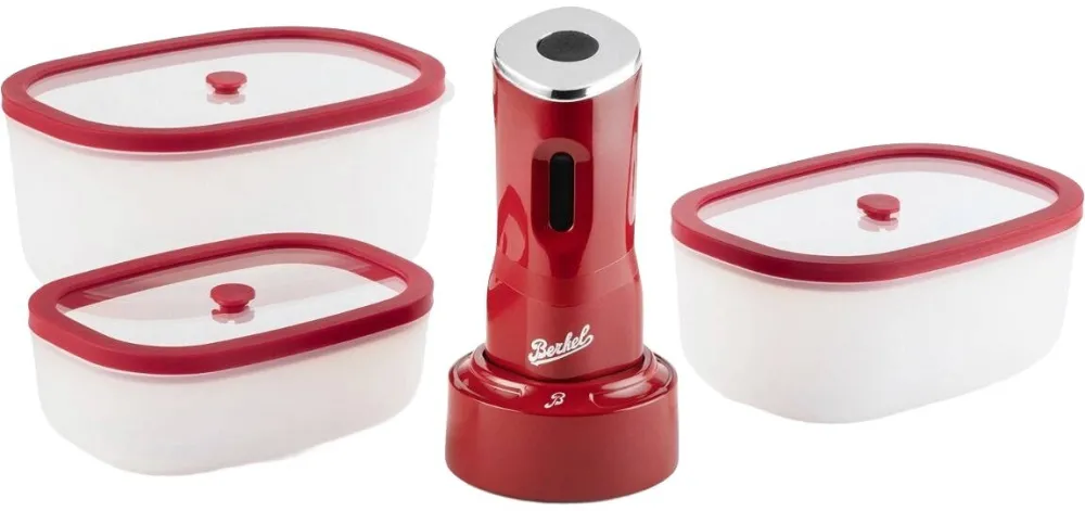 Berkel Set pompa de vidat portabila cu accesorii Berkel, Icon Mini, vidare uscata/umeda, ideal pentru meal prep/refrigerare/organizare, reincarcabil, caserole si pungi incluse, rosu