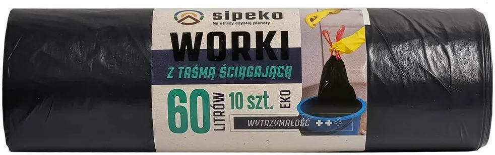 Sipeko Saci menajeri super strong LDPE, 60L, cu snur, 60 x 67cm, 25 microni, 10buc/rola, Sipeko - negri