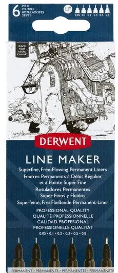 DERWENT Liner DERWENT Professional, 6 dimensiuni, varf subtire si uscare rapida, 6 buc/set, negru