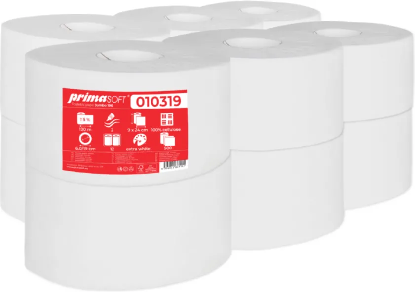 Prima Soft Hartie igienica alba, 100% celuloza, 2 straturi, 120m, 12 role/bax, Prima Soft Jumbo 190