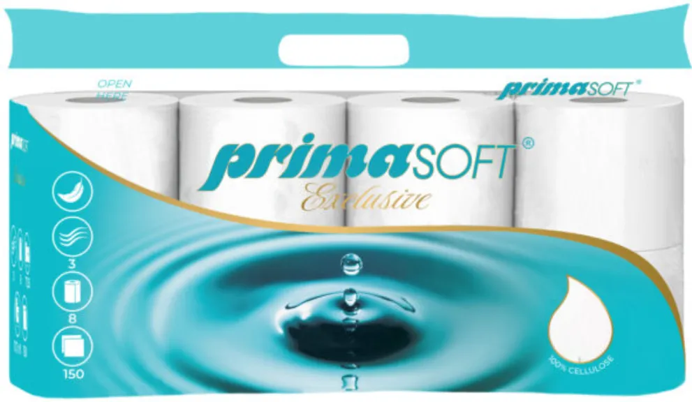 Prima Soft Hartie igienica alba, 100% celuloza, 3 straturi, 17.55m x 9cm, 8 role/bax, Prima Soft Exclusive