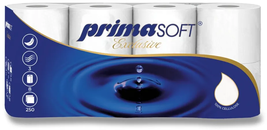 Prima Soft Hartie igienica alba, 100% celuloza, 3 straturi, 30m x 9.4cm, 8 role/bax, Prima Soft Exclusive 250