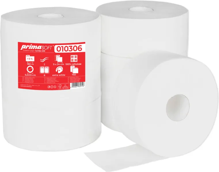 Prima Soft Hartie igienica alba, 100% celuloza, 2 straturi, 180m, 6 role/bax, Prima Soft Jumbo 230