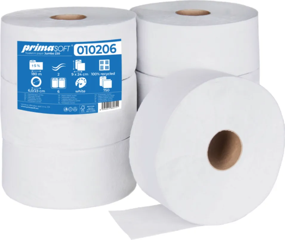 Prima Soft Hartie igienica alba, reciclata, 2 straturi, 180m, 6 role/bax, Prima Soft Jumbo 230