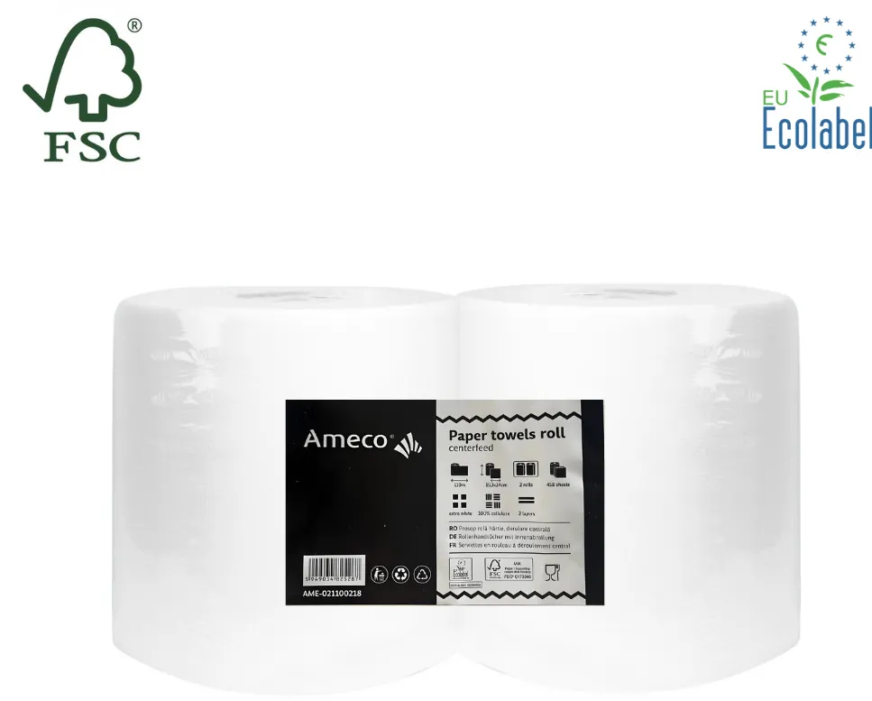 Ameco Prosop rola hartie alba, derulare centrala, 110m - 2 straturi, 2 role/set, Ameco