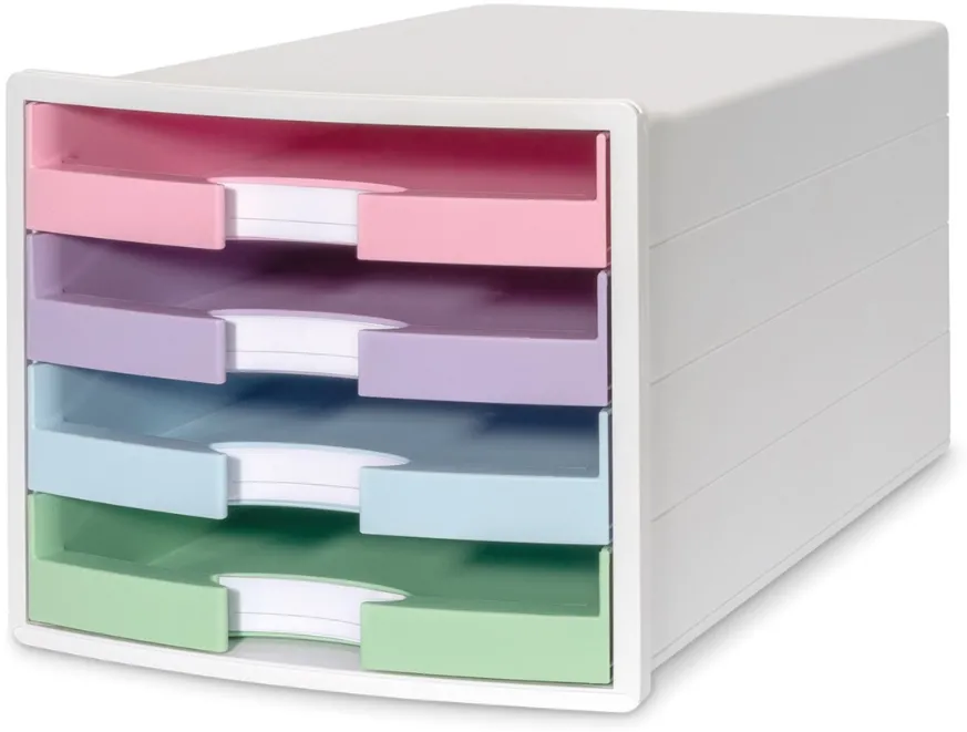 HAN Suport plastic cu 4 sertare pt. documente, HAN Impuls 2.0 (open) - alb - sertare culori pastel