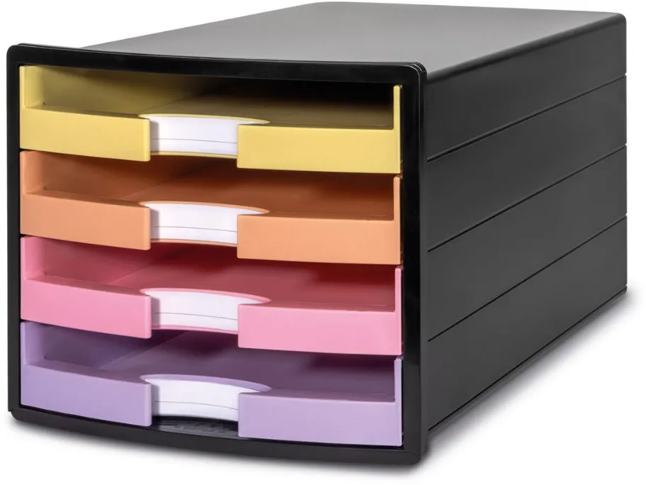 HAN Suport plastic cu 4 sertare pt. documente, HAN Impuls 2.0 (open) - negru - sertare culori pastel