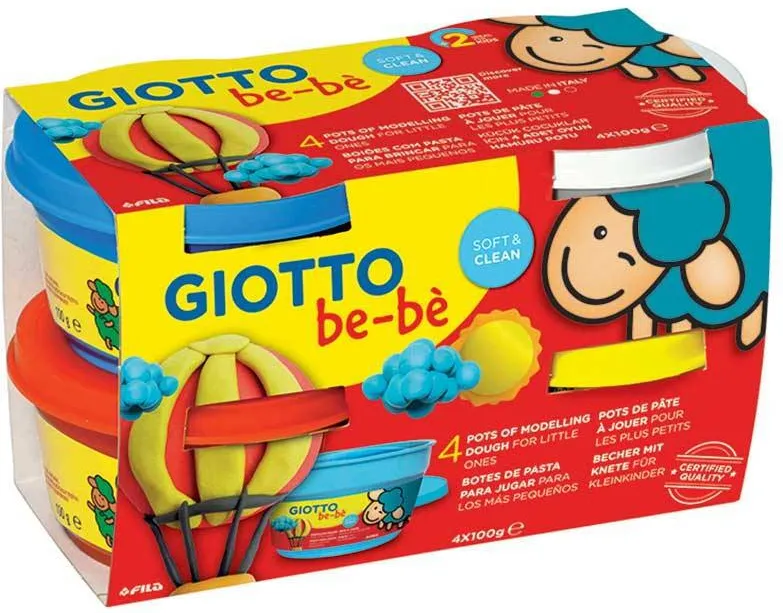 GIOTTO Plastilina standard, 4 culori(alb, albastru, rosu, galben) x 100 grame/borcan, GIOTTO be-be