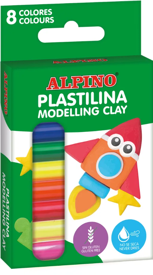 Alpino Plastilina standard, 6 + 2 neon x 12 gr./blister, ALPINO - 8 culori asortate